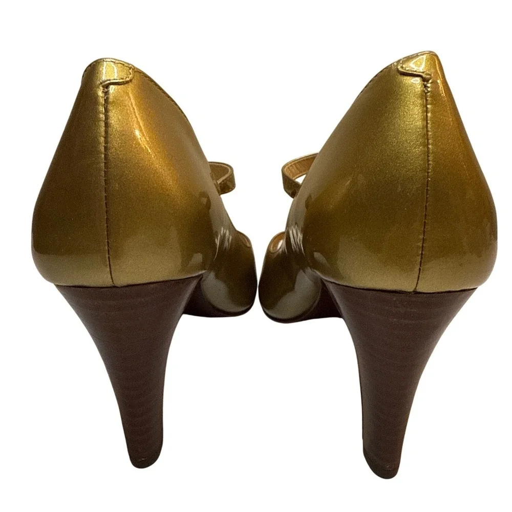 Cole Haan Peep Toe Mary Jane Heels Gold Metallic Patent Leather Buckle Shoes 6.5